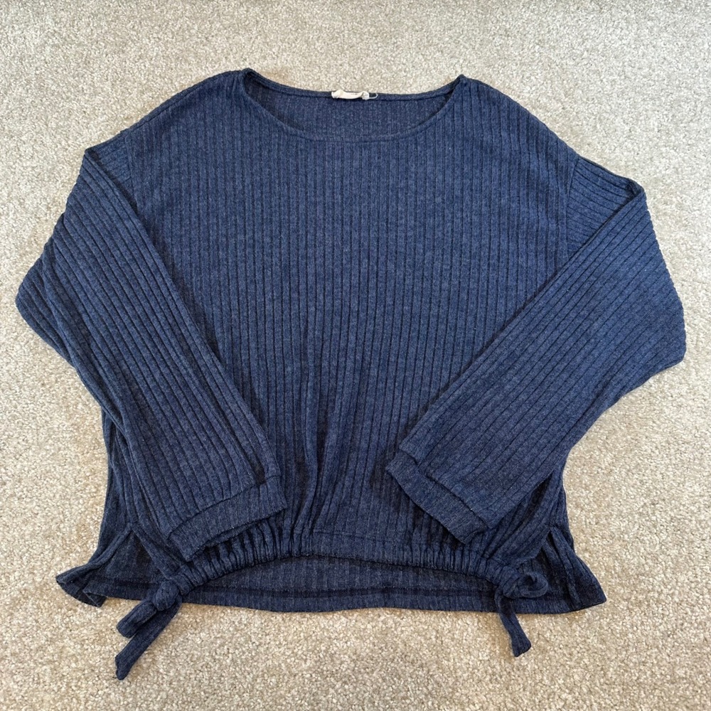 Crescent Navy Blue Ribbed Knit Long Sleeve Cinched Tie Hem Top‎ Womens Medium
